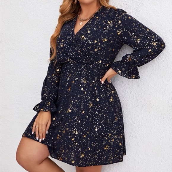 Navy blue gold stars flounce sleeve holidays party dress - Picture 2 of 8